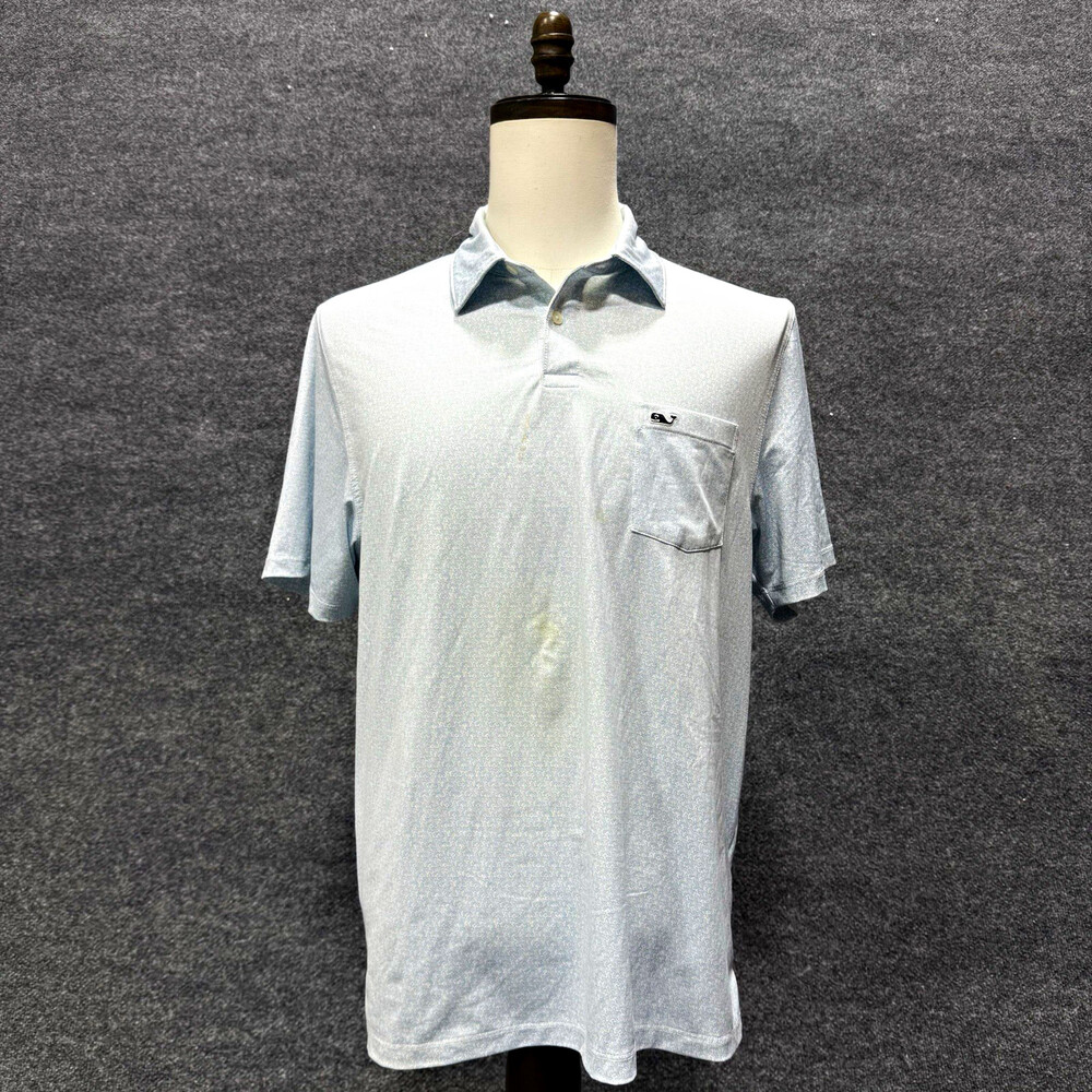 Vineyard Vines Mens M Performance Golf Polo Shirt Blue White Print Pocket